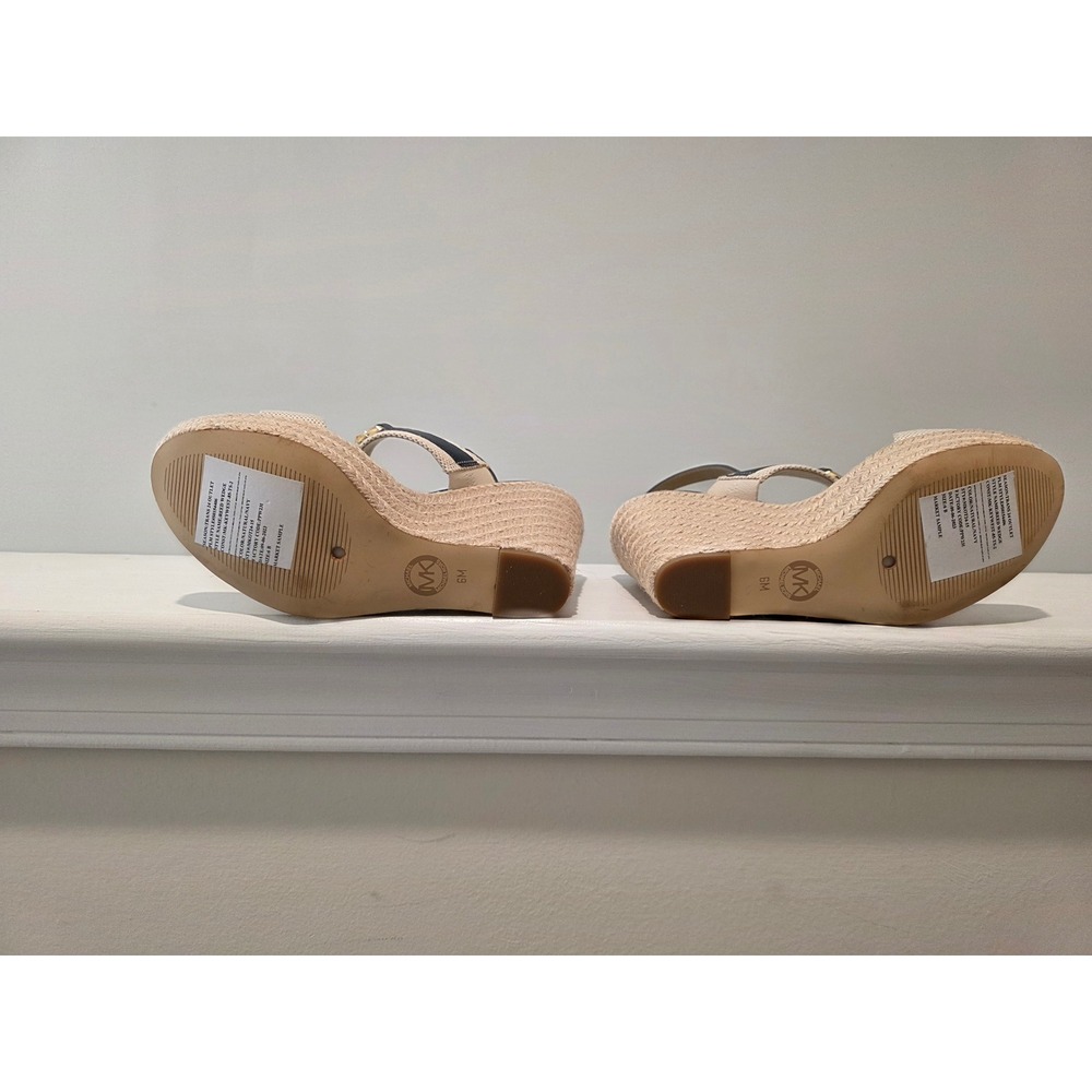 Women 6 M Michael Kors Reed Wedge Sandals Navy Natural Espadrille Platform Logo - Picture 9 of 11